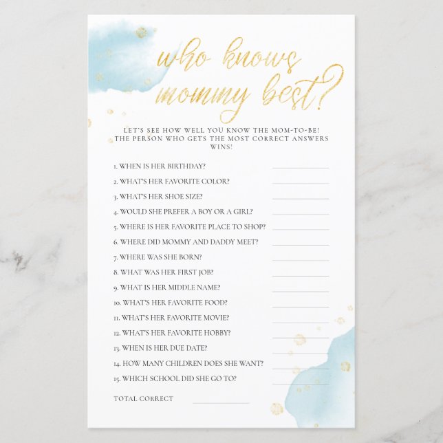 Vinter Blue Baby Shower-spel som känner Mamma bäst (Framsida)