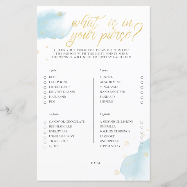 Vinter Blue Baby Shower-spel vad är i din handväsk (Framsida)