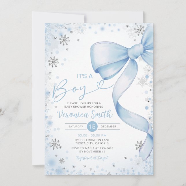 Vinter Blue Bow themed Girl Coquette Baby Shower Inbjudningar (Framsida)