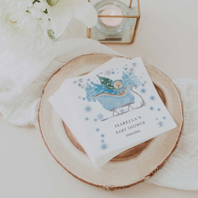 Vinter Blue Nalle Sleigh Boy Shower Pappersservett (Skapare uppladdad)