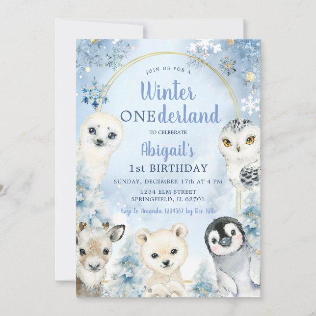 Vinter Blue Onederland Woodland Animals Birthday Inbjudningar (Framsida)