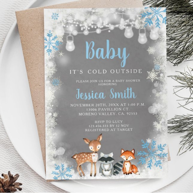 Vinter Blue Woodland Boy Baby Shower Inbjudningar (Skapare uppladdad)