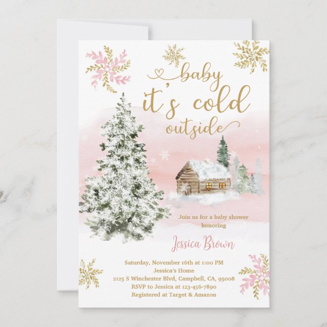 Vinter Boho Rosa Guld Bebis Shower Inbjudningar (Framsida)