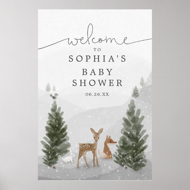 Vinter Boho Woodland Bebis Shower Skumskyltskylt Poster (Framsidan)