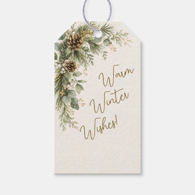 Vinter Botanica Varmt Vinterönskan Skogliga Tallar Presentetikett (Framsidan)