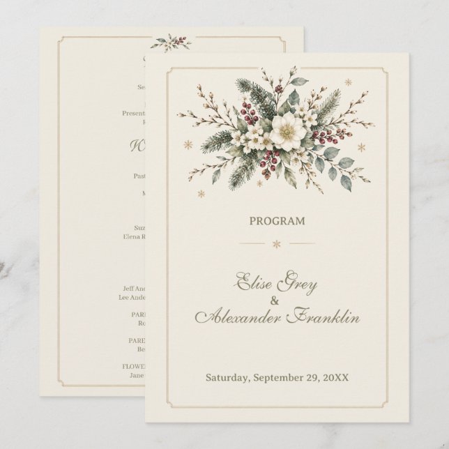 Vinter botanisk akvarell blommande bröllop program (Fram/baksida)