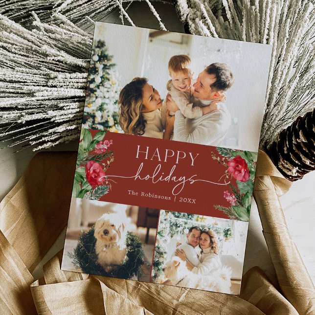 Vinter Botanisk Burgundy Röd Modern Skrift Foto Julkort (Skapare uppladdad)