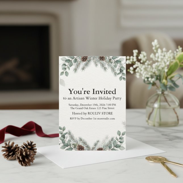 Vinter Botanisk Elfenbens Julfest Inbjudan (Winter Botanical Ivory Holiday Party Invitation)