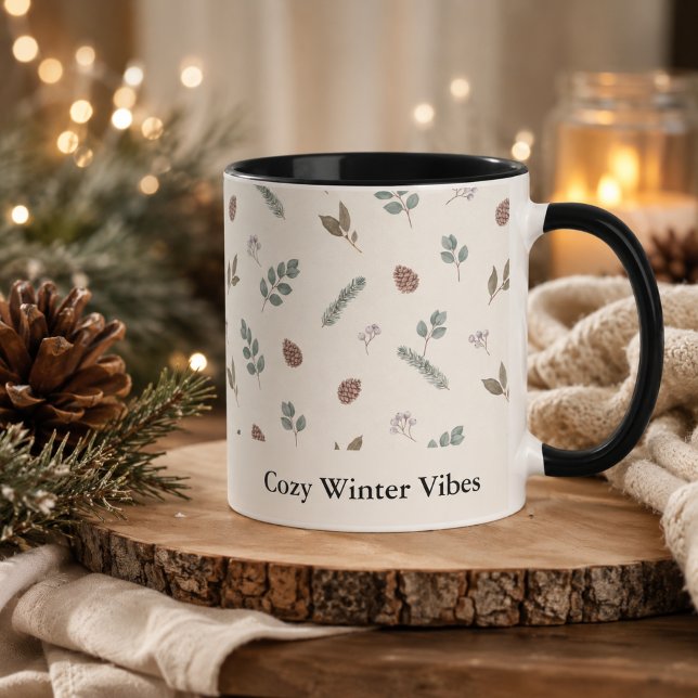 Vinter Botanisk Jul Elfenbensgrönska Anpassad Mugg (Winter Botanical Christmas Ivory Greenery Custom Mug)