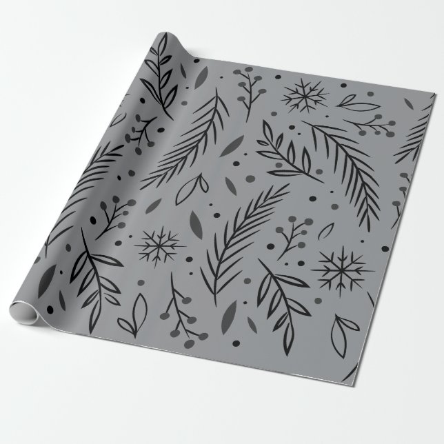 Vinter Botaniskt Inpackningspapper – Grått & Svart Presentpapper (Utrullad)