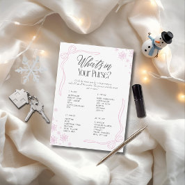 Vinter Bow rosa, vad är det i din handväska? Spel Inbjudningar