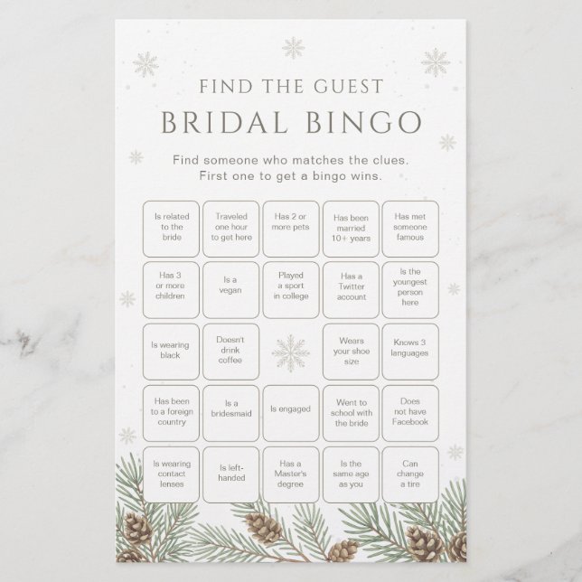 Vinter Bröllopsdusch Bingo Spel Hitta Gästen (Framsida)