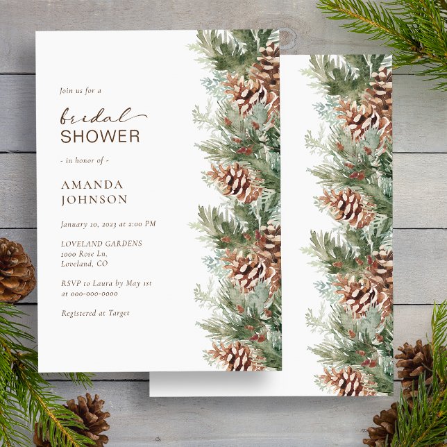 Vinter bröllopsdusch inbjudningar (White Pine Evergreen Winter Holiday Bridal Shower Invitation by Painted Paperie
)