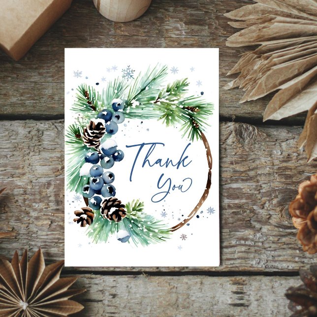 Vinter bröllopsdusch med akvafärgstallrik och tall tack kort (Winter bridal shower watercolor pine wreath thank you card snowy pines cones winter blue berries)