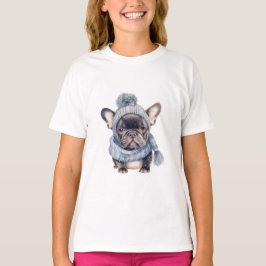 Vinter Bulldog Babys i blå mössa och halsduk T Shirt