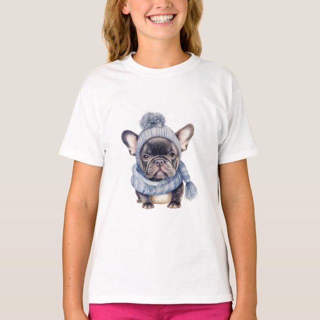 Vinter Bulldog Babys i blå mössa och halsduk  T Shirt (Framsida)