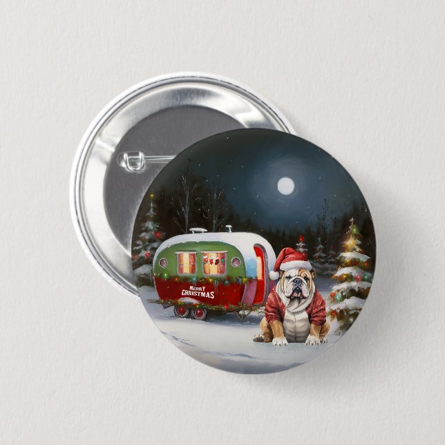 Vinter Bulldog Caravan Juläventyr Knapp (Framsida & baksida)