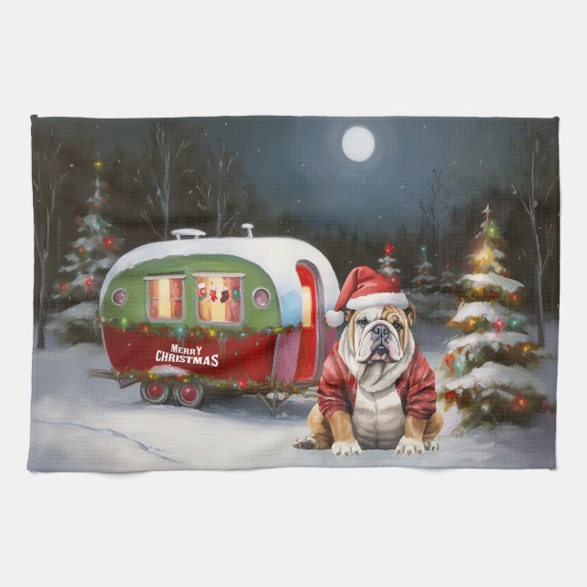 Vinter Bulldog Caravan Juläventyr  Kökshandduk (Horisontell)