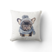 Vinter Bulldoggbaby i blå mössa och halsduk