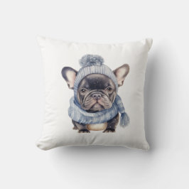 Vinter Bulldoggbaby i blå mössa och halsduk Kudde