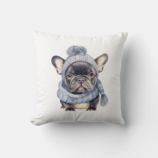 Vinter Bulldoggbaby i blå mössa och halsduk Kudde