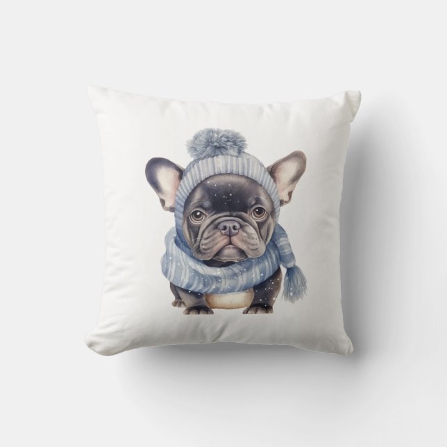 Vinter Bulldoggbaby i blå mössa och halsduk Kudde (Framsida)
