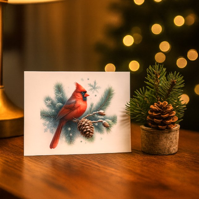 Vinter Cardinal Tall och Snöflingor Vykort (“Watercolor red cardinal on snowy pine with snowflakesa serene winter scene for holiday mailing.”)