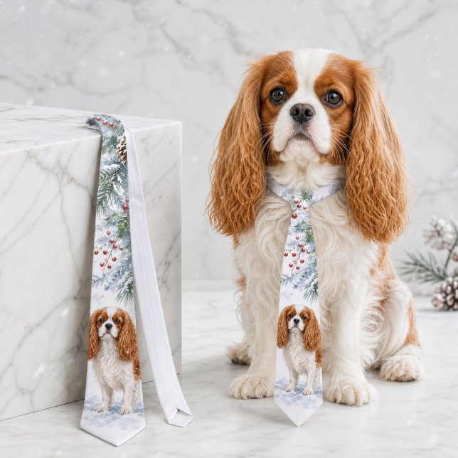 Vinter Cavalier King Charles Spaniel Akvarell Slips (Winter Cavalier King Charles Spaniel Watercolor Neck Tie)