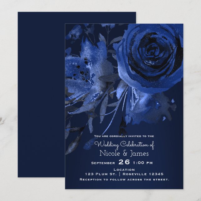 Vinter Chic Blå Ros Blommig Djärv Bröllop Inbjudningar (Fram/baksida)