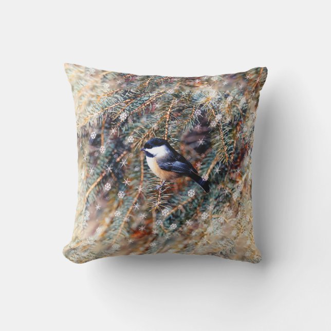 Vinter Chickadee Fågel Tall Gren Snö Kudde (Framsida)