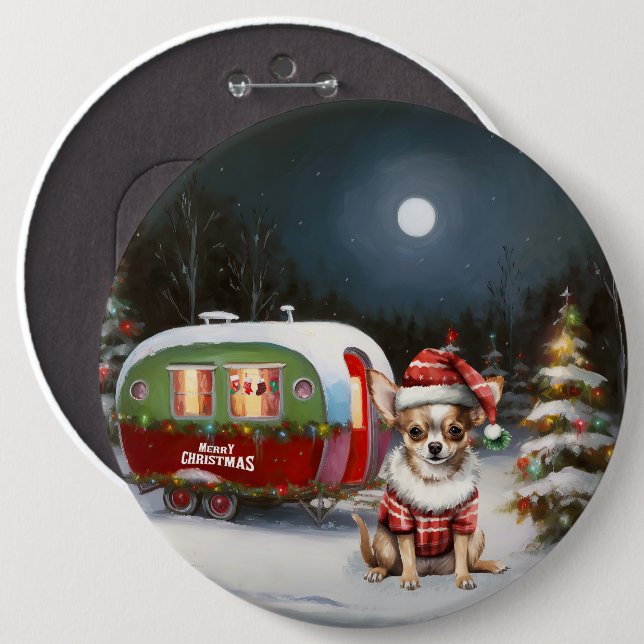 Vinter Chihuahua Husvagn Juläventyr  Knapp (Framsida & baksida)