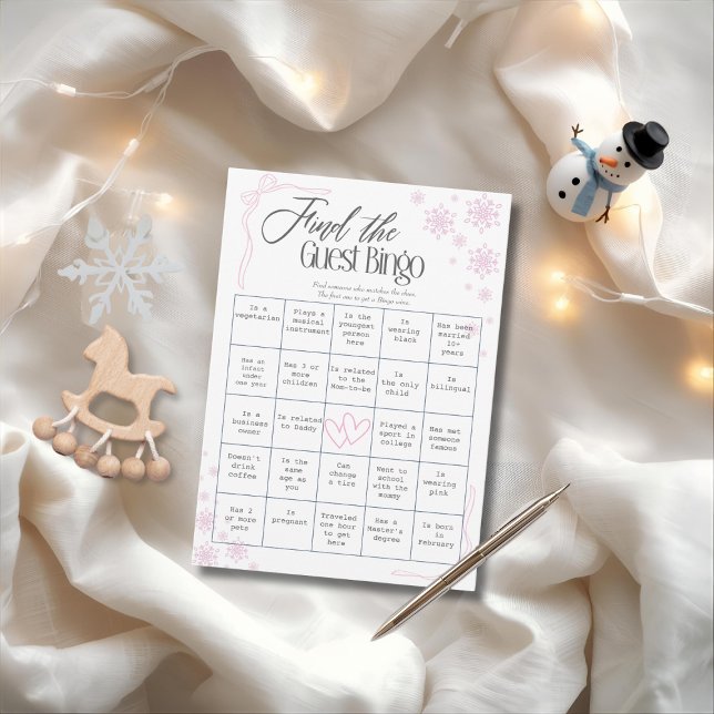 Vinter Coquette rosa Hitta Gäst Bingo Kort  (Winter Coquette pink Find The Guest Bingo Card)