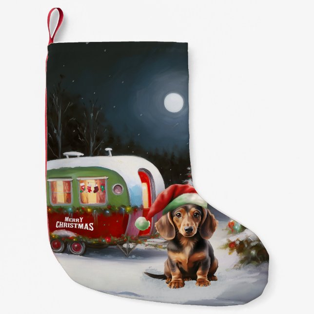 Vinter Dachshund Husvagn Juläventyr  Liten Julstrumpa (Framsidan)