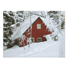 Vinter Djup Snö Rött Hus i Skogen Fototryck