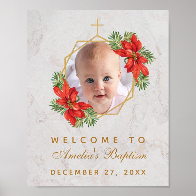 Vinter Dop Foto Julstjärna Guld Välkomstskylt Poster (Framsidan)
