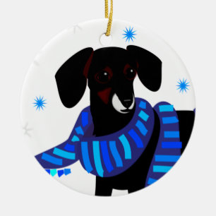 Vinter Doxie i blått Julgransprydnad Keramik