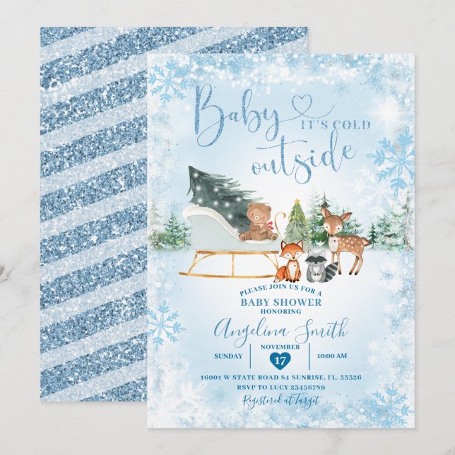 Vinter Dreamy Blue Snowflake Sleigh Baby Shower Inbjudningar (Fram/baksida)