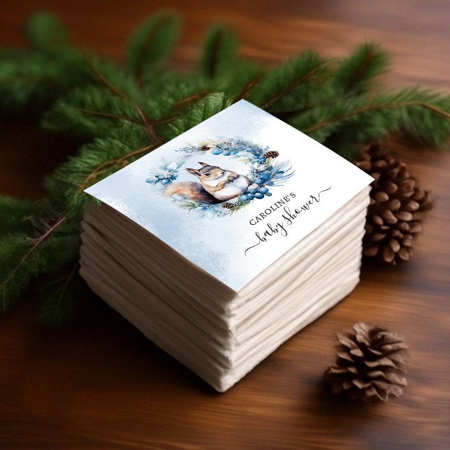 Vinter-ekorre Vattenfärgsbabyskor Pappersservett (Winter Squirrel Watercolor Baby Shower Napkins)