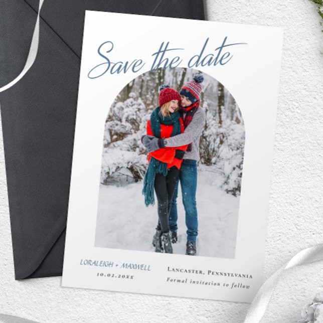Vinter-Elegant Foto Dusty Blue Calligraphy Spara Datumet (Skapare uppladdad)
