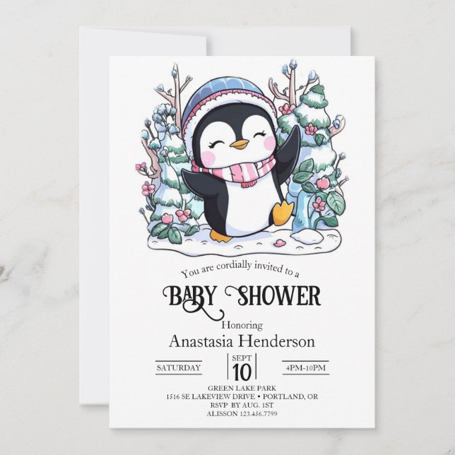 Vinter-Elegant Penguin Baby Shower Inbjudningar (Framsida)