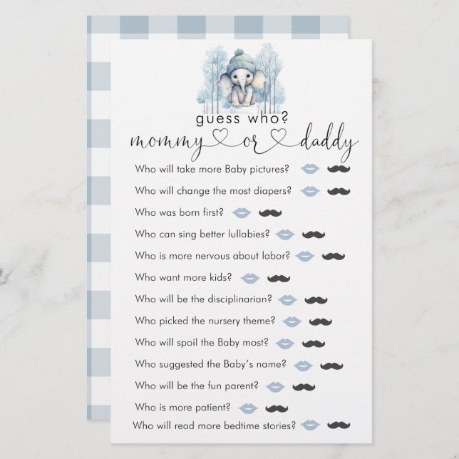 Vinter elephant Boy Shower "Gissa vem" Game (Fram/baksida)