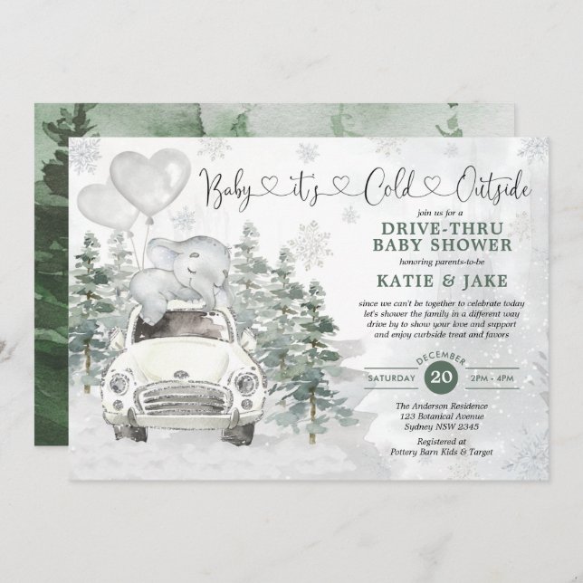 Vinter Elephant Snowy Forest Drive by Baby Shower Inbjudningar (Fram/baksida)