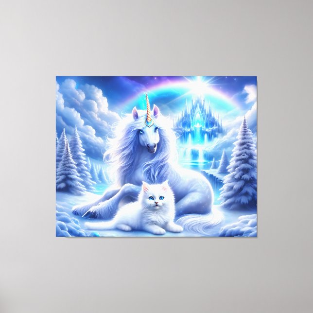 Vinter Fantasy med vacker Unicorn och Kitten Canvastryck (Framsida)