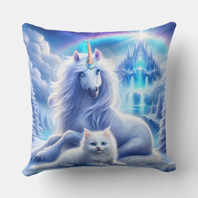 Vinter Fantasy med vacker Unicorn och Kitten Kudde (Baksida)