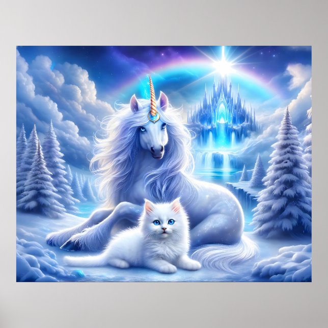 Vinter Fantasy med vacker Unicorn och Kitten Poster (Framsidan)