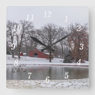 Vinter Farm Pano Wall Clock Fyrkantig Klocka