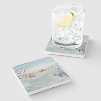 Vinter Farmhouse målning av Sherry Shedenhelm Stenunderlägg