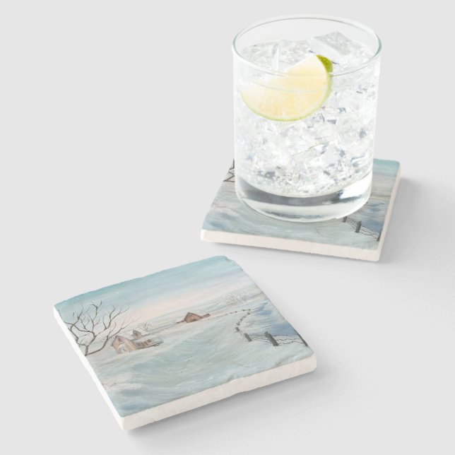 Vinter Farmhouse målning av Sherry Shedenhelm Stenunderlägg (Sidan)