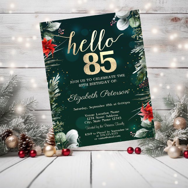 Vinter Flower Poinsettia Grönt 85 Birthday Inbjudningar (Skapare uppladdad)