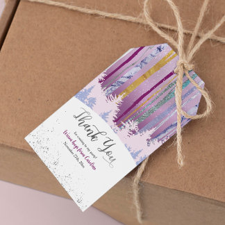 Vinter Födelsedag Blå Lila med Snö Träd Presentetikett